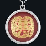 Drake & Phoenix - dubbelt lyckasymbol Silverpläterat Halsband<br><div class="desc">Kinesiskt symbol för dubbelt rött/guld- halsband för lycka.  Med draken och Phoenix.</div>