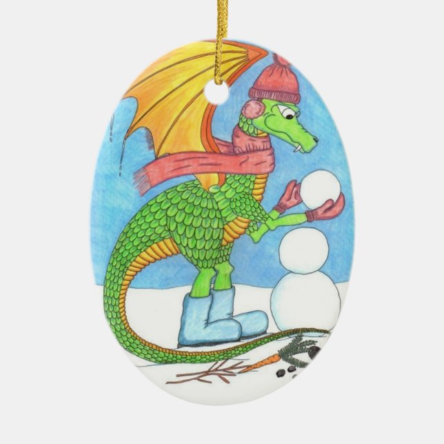 Drake som bygger en snögubbeprydnad julgransprydnad keramik (Framsidan)