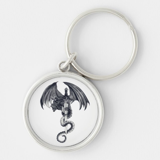 Drake & svärd Keychain Rund Silverfärgad Nyckelring (Framsidan)