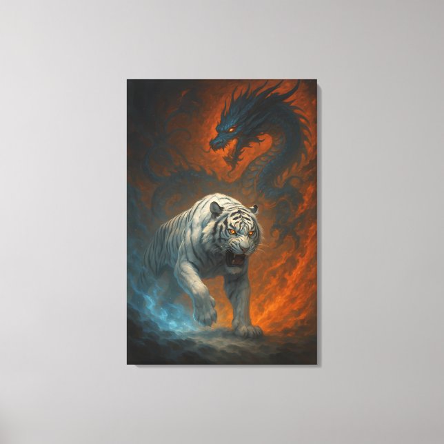 Drake vs Vit Tiger – Mystisk Fantasy Väggkonst  Canvastryck (Framsida)