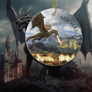 Drake Wyvern Eldandning Fantasi Julgransprydnad Keramik