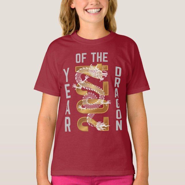 Drakens år År 2024 Vit Grå Guld T Shirt (Framsida)