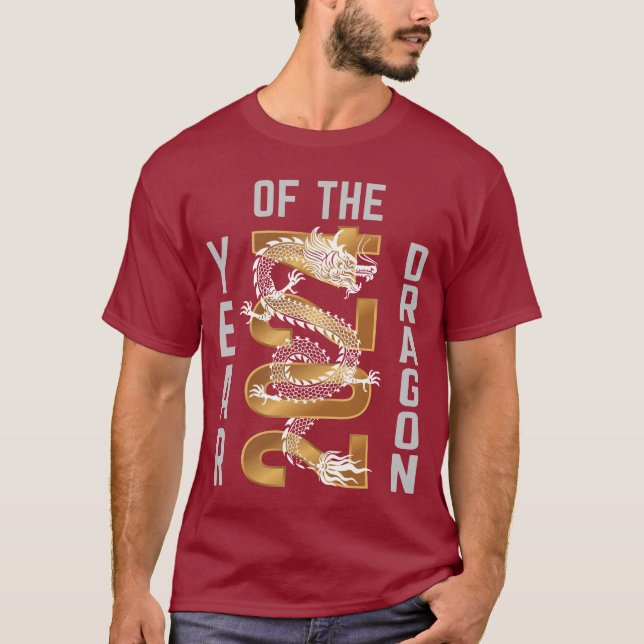Drakens år År 2024 Vit Grå Guld T Shirt (Framsida)