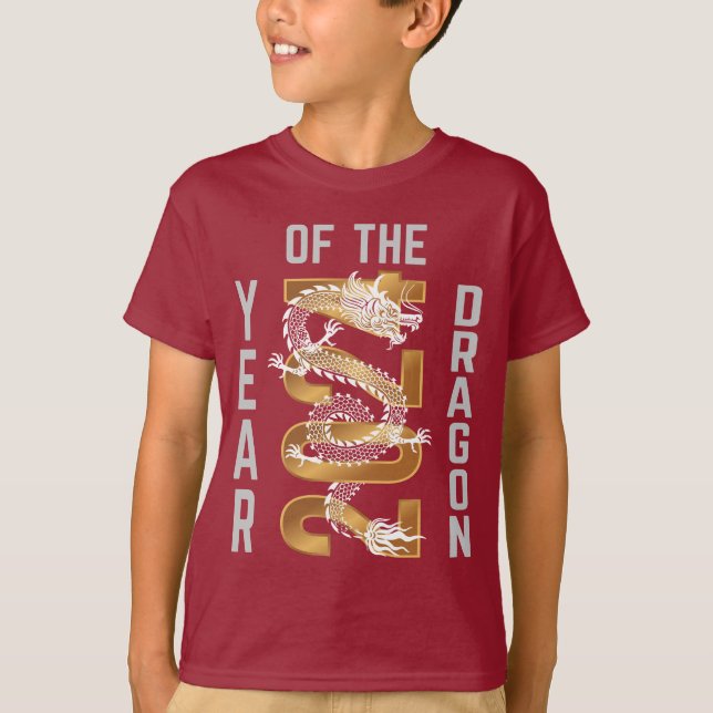 Drakens år År 2024 Vit Grå Guld T Shirt (Framsida)