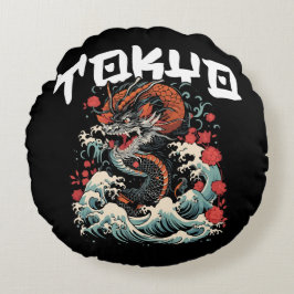 Drakens dans Japanskt retro-havlandskap Rund Kudde