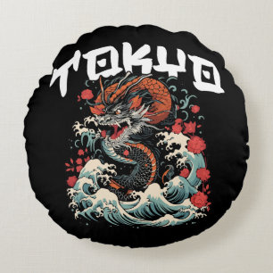 Drakens dans Japanskt retro-havlandskap Rund Kudde