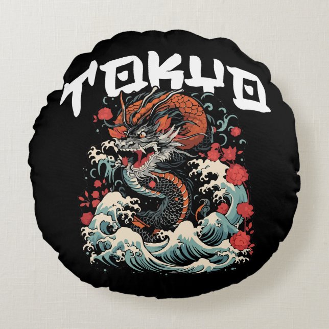 Drakens dans Japanskt retro-havlandskap Rund Kudde (Framsidan)