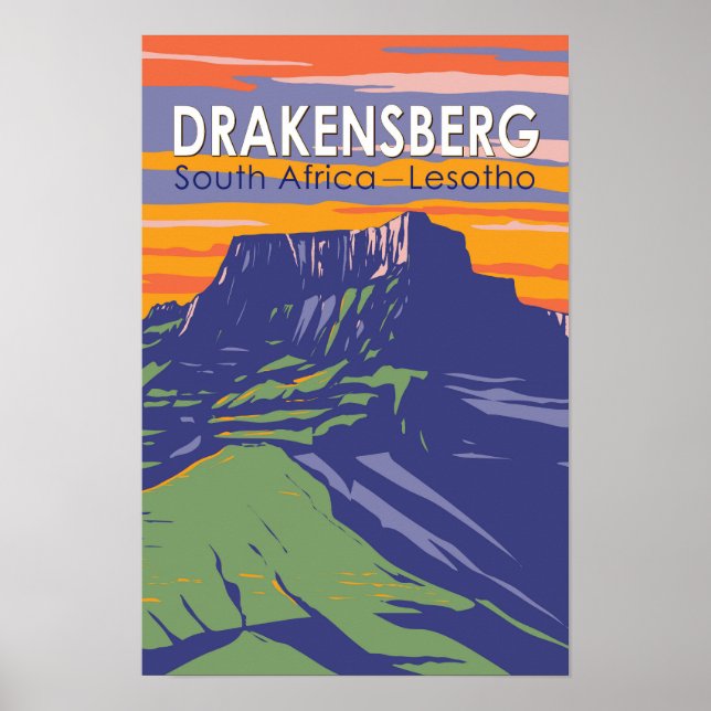 Drakensberg Sydafrika Lesotho Resa Retro Konst Poster (Framsidan)