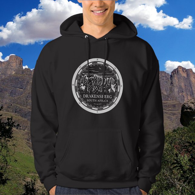 Drakensbergen - södra Afrikan Hoodie (Drakensberg Mountains Hoodie in Back with a white compass and mountain illustration)