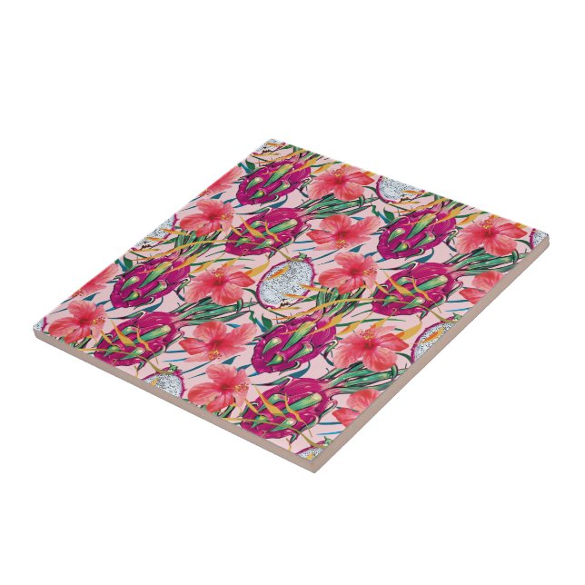 Drakfrukt Tropisk Blommig Modern Grön Palm Kakelplatta (Sidan)