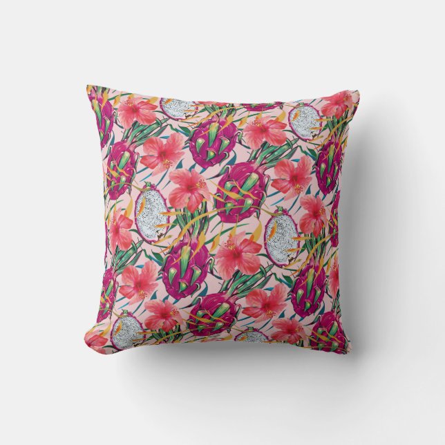 Drakfrukt Tropisk Blommig Modern Grön Palm Kudde (Framsida)