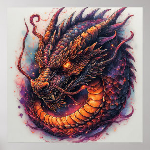 Drakhuvud Med Vilda Ögon Fantasykonsttryck Poster