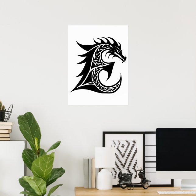 Drakstilat brev E, Drakalfabetet, Monogram Poster (Hemmakontoret)