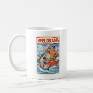 Drama på Spöet Haj Fiskare Rolig Retro Fiske Kaffemugg