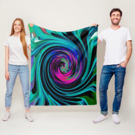 Dramatic Black and Turcos Abstrakt Retro Twirl Fleecefilt