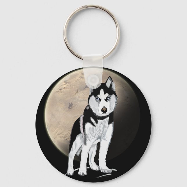 Dramatic Black and White Husky mot Full Moon Nyckelring (Framsida)