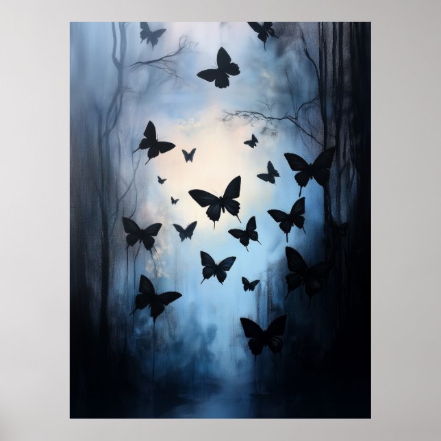 Dramatic Black Butterflies Blå himmel Abstrakt Art Poster (Framsidan)