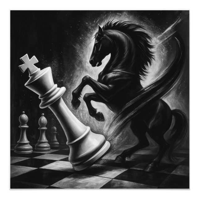 Dramatic Black Horse vs. Kung - Bold Chess Artwork Fototryck (Framsidan)