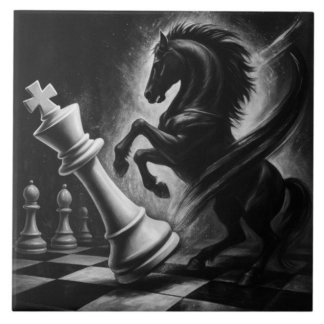 Dramatic Black Horse vs. Kung - Bold Chess Artwork Kakelplatta (Framsidan)