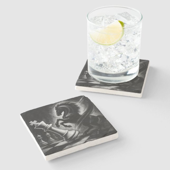 Dramatic Black Horse vs. Kung - Bold Chess Artwork Stenunderlägg (Sidan)