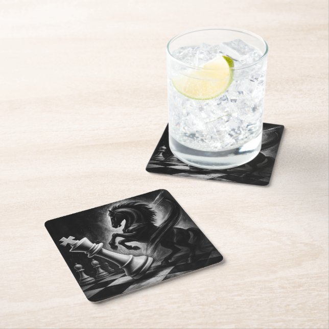 Dramatic Black Horse vs. Kung - Bold Chess Artwork Underlägg Papper Kvadrat (Insitu)