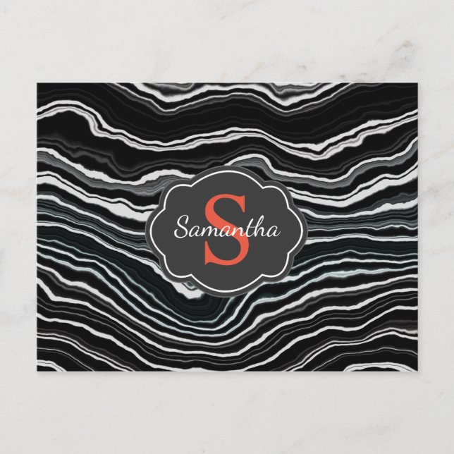 Dramatic Black Marble Watercolor Struktur Monogram Vykort (Framsida)