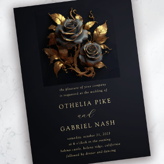 Dramatic Black Ro Gold Foil Gothic Bröllop Inbjudningar