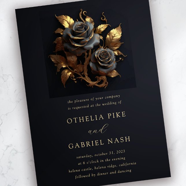 Dramatic Black Ro Gold Foil Gothic Bröllop Inbjudningar (Skapare uppladdad)