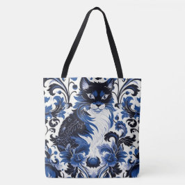 Dramatic Blue Art Deco Cat Large Shoulder Tote Tygkasse