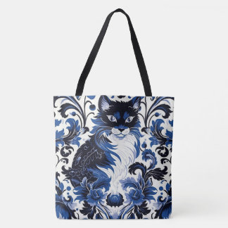 Dramatic Blue Art Deco Cat Large Shoulder Tote Tygkasse