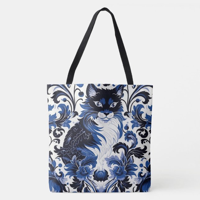 Dramatic Blue Art Deco Cat Large Shoulder Tote Tygkasse (Framsida)