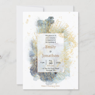 Dramatic Blue Ombre Watercolor Guld Line Bröllop Inbjudningar
