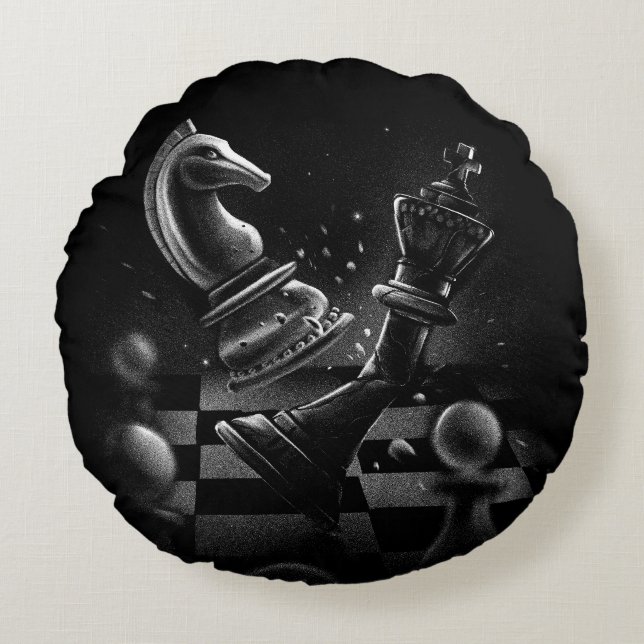 Dramatic Chess Battle - Knight vs. Horse Rund Kudde (Framsidan)