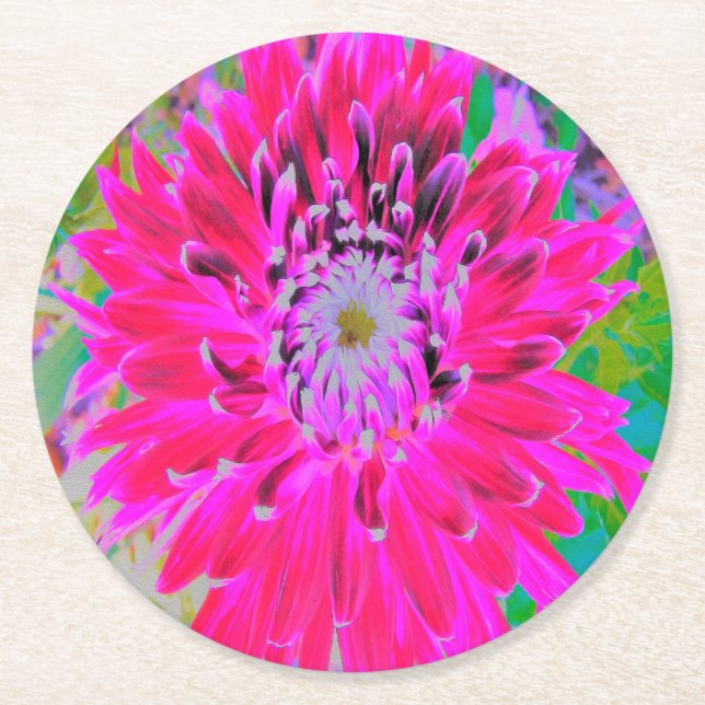 Dramatic Crimson Red and Rosa Dahlia Flower Underlägg Papper Rund (Framsidan)