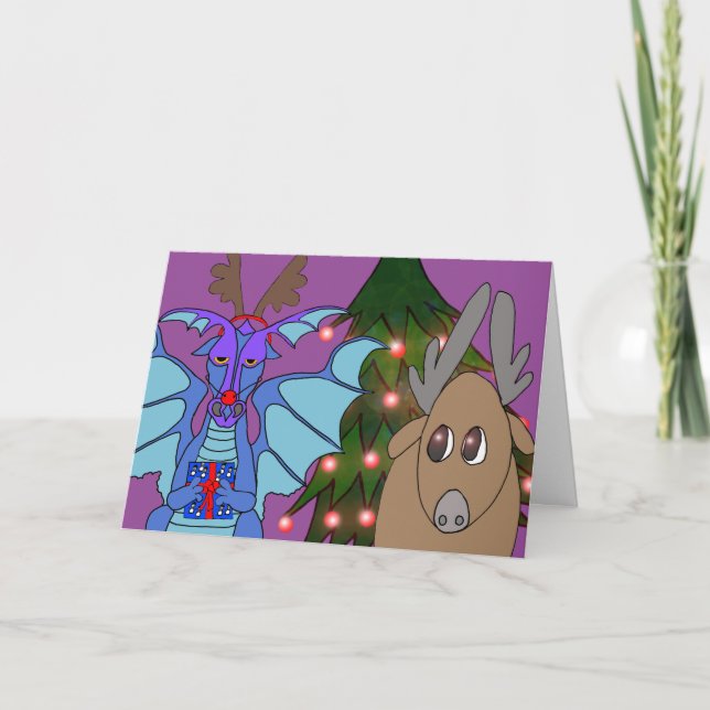 Dramatic Dragon and the Reindeer Christmas card Helgkort (Framsida)