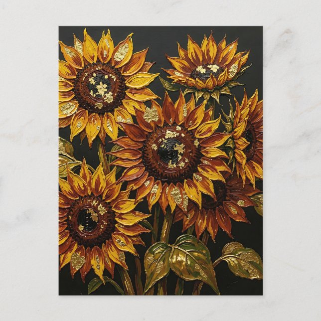 Dramatic Gold Leaf Sunflower Impasto Vykort (Framsida)