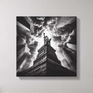 Dramatic Liberty Statue Skyline in Black and White Canvastryck