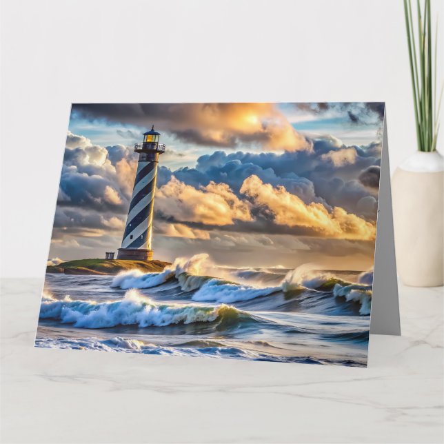 Dramatic Lighthouse-Sjölandskap med Stormy Vågar Kort (Framsida)