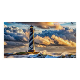 Dramatic Lighthouse-Sjölandskap med Stormy Vågar Perfect Poster
