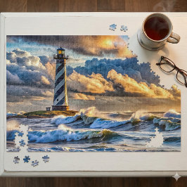 Dramatic Lighthouse-Sjölandskap med Stormy Vågar Pussel