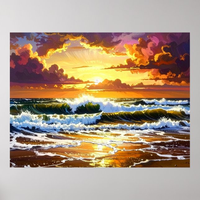Dramatic Ocean Waves on the Beach Sunset Art Poster (Framsidan)