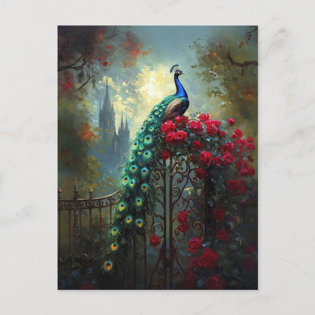 Dramatic Peacock Röd ros gotiic Vykort (Framsida)