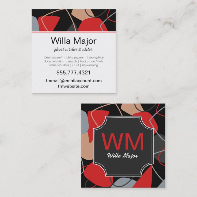 Dramatic Red, Black, Beige Abstrakt Monogram Fyrkantigt Visitkort (Fram/baksida)