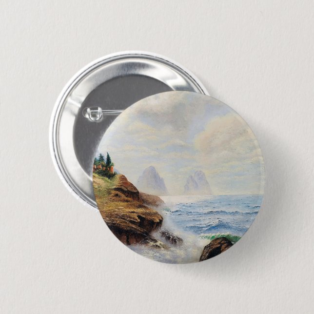 Dramatic Vågar Pound a Rocky Kusten Pin Knapp (Framsida & baksida)