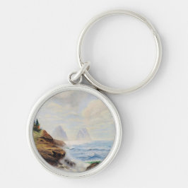 Dramatic Vågar Pound a Rocky Kusten Rund Silverfärgad Nyckelring