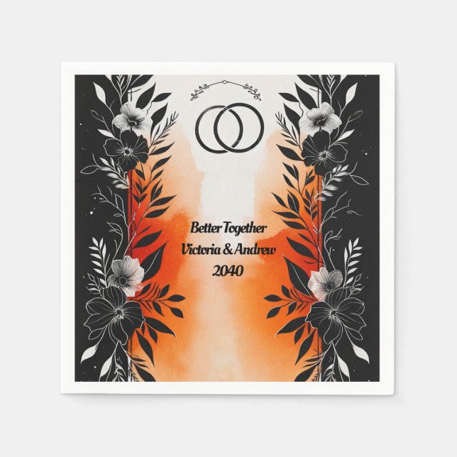 Dramatic Watercolor Black Orange Blommigt Bröllop Pappersservett (Framsidan)