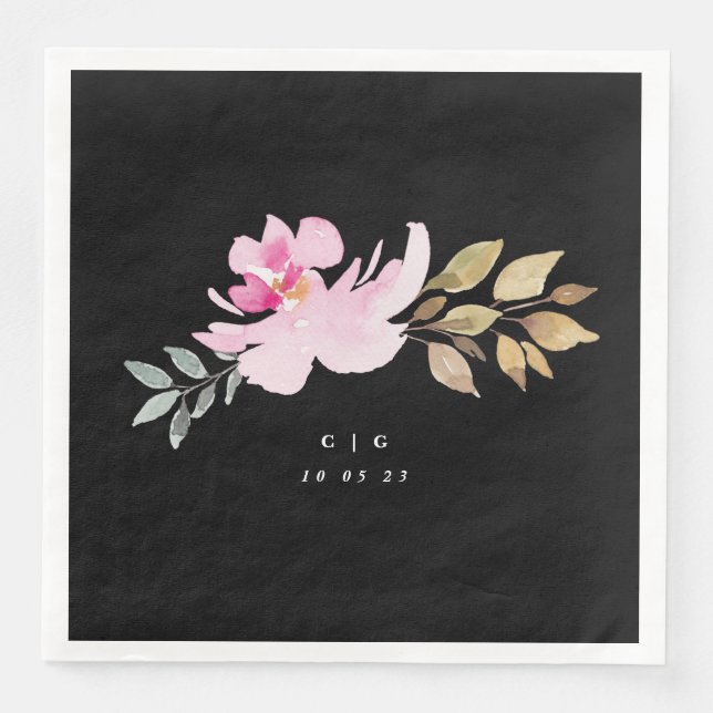 Dramatic Watercolor Blommigts Bröllop Monogram Pappersservett (Framsida)