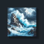 Dramatic Waves Crashing Against Towering Vertical  Canvastryck<br><div class="desc">A stunning digital masterpiece showcasing the raw power of the sea. Vibrant turquoise waves surge and break against colossal, textured stone cliffs under a heavy, atmospheric sky, creating a cinematic and awe-inspiring landscape. Perfect for high-end wall decor, statement art pieces, or modern professional spaces seeking a powerful natural focal point....</div>