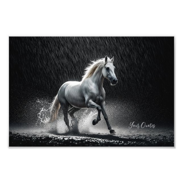 Dramatic White Horse Galloping in Rain Fototryck (Framsidan)