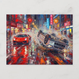 Dramatisk bilkrasch Neon City Art #2 Vykort